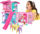Barbie Chelsea-Puppenhaus mit mehr als 15 Zubehörteilen, Pop-up-Haus erweiterbar auf über 42 x 33 cm mit 5 Spielbereichen und einer Rutsche, mit einer kleinen Puppe und einem Hund, JFW49