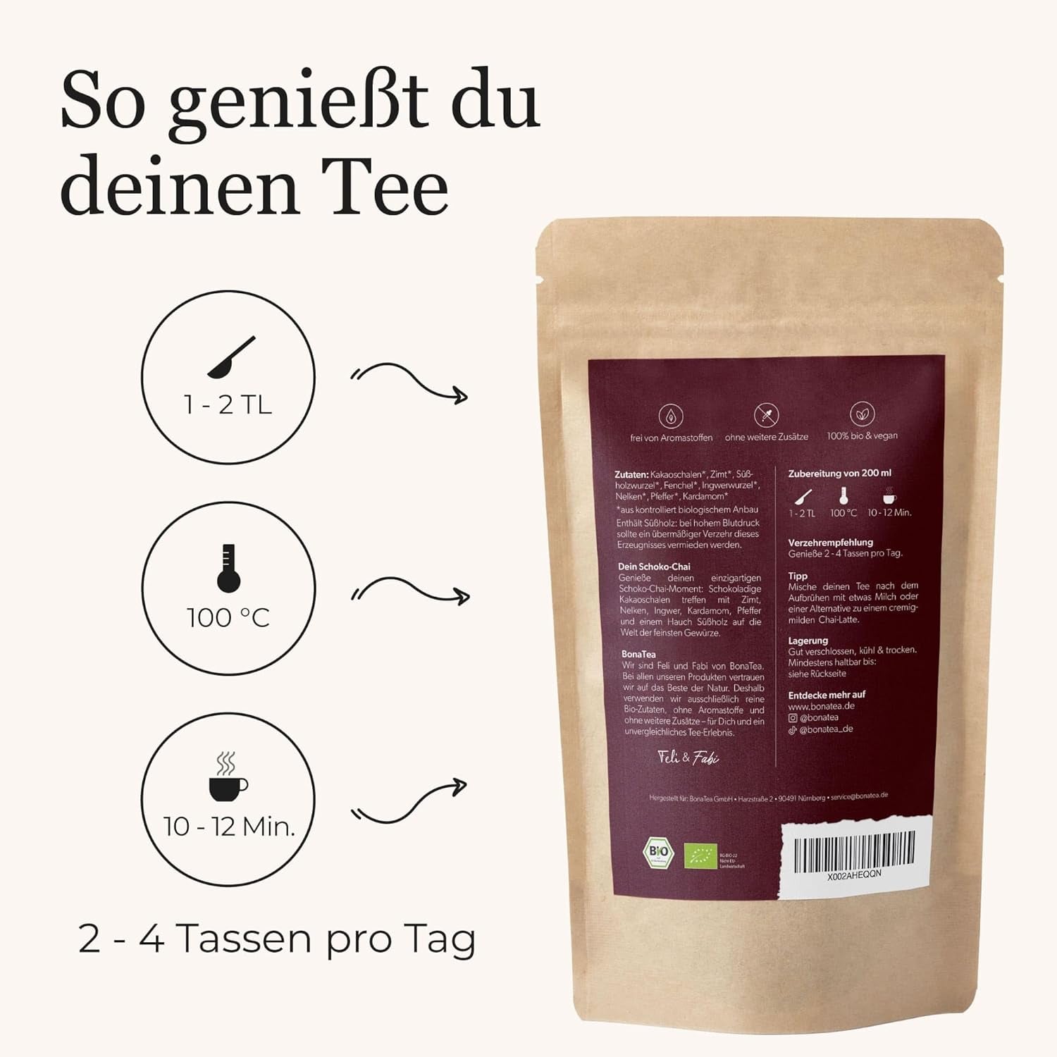 BIO Schoko Chai Gewürztee ohne Zucker, mit Kakaofrüchten, Zimt, Lakritze und anderen aromatischen Chai-Gewürzen, 100 g
