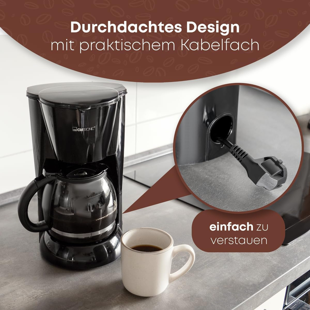 Clatronic® Espressomaschine | Automatische Espressomaschine für 12-14 Tassen (ca. 1,5 Liter) | Espressomaschine mit Filter und Anti-Tropf-System | 900W | Espressor KA 3473 Schwarz