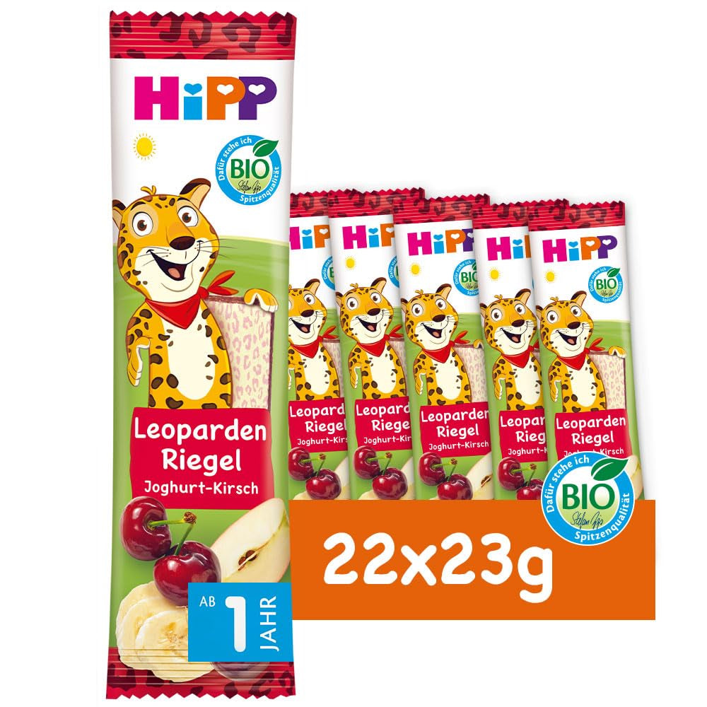 HiPP Leopard Riegel mit Joghurt und Kirschen in Banane (22 x 23g), ab 1 Jahr, nur mit Früchten gesüßt, in bester Bio-Qualität