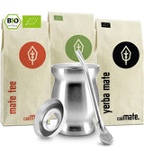 Mate Bio-Teeset ● 3 Sorten Mate + doppelwandiger Mate-Becher aus Edelstahl + Bombilla + Zubereitungsanleitung (schwarz)