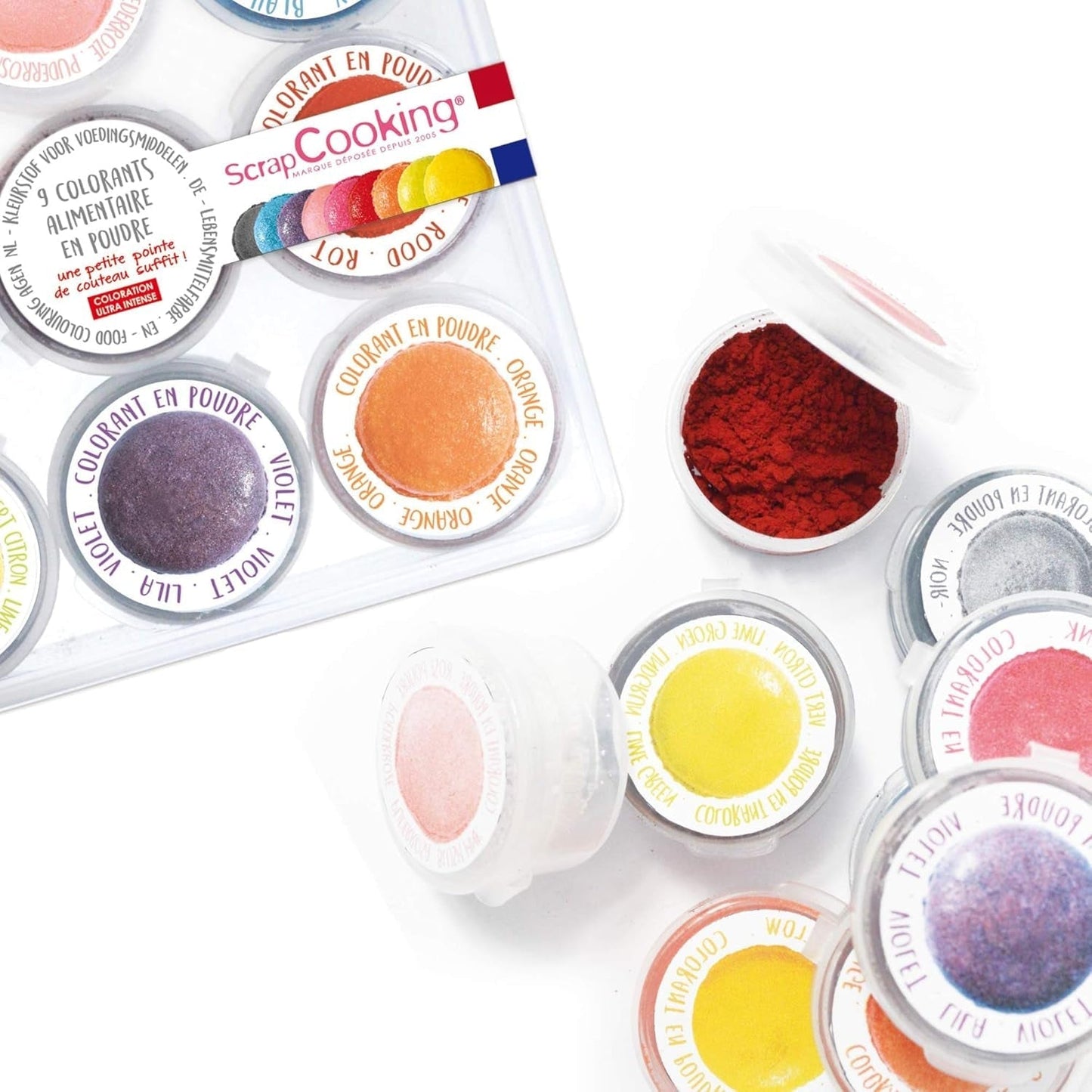 Scrapcooking – Set mit 9 pulverförmigen Lebensmittelfarben – Blau, Gelb, Rosa, Lila, Orange, Limettengrün, Rot, Puderrosa, Schwarz – Essbares Farbpulver für Kuchen, Muffins, Macarons – 4270