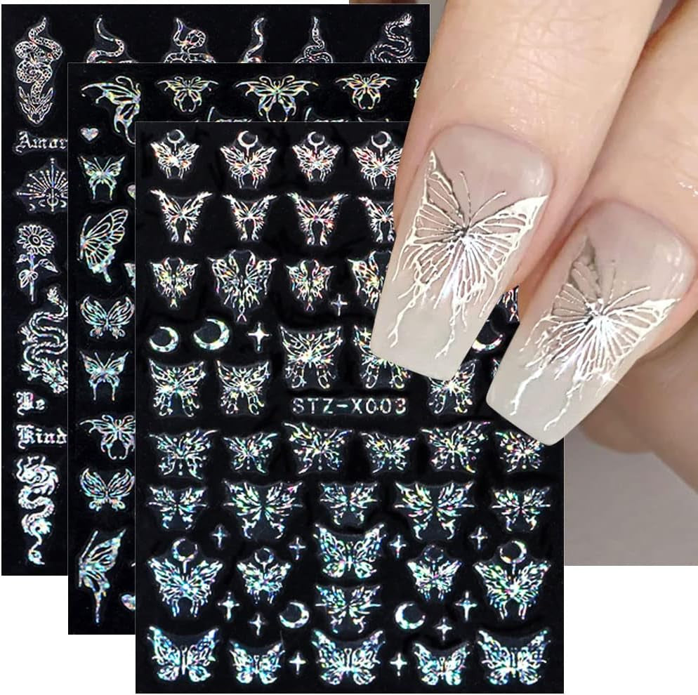 6 Blatt Schmetterling Nagelsticker Selbstklebend Laser Silber Schmetterlings Nagelaufkleber 3D Aurora Silber Schwarz Schmetterlinge Nagel Aufkleber Frühling Nageldesign Nail Sticker Nail Art Zubehör