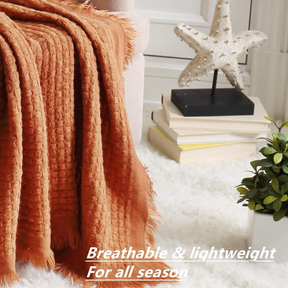 CREVENT Rost-Strickdecke für Couch, Sofa, Stuhl, Bett, Heimdekoration, weich, warm, gemütlich, leicht, Frühling, Sommer, Herbst (127,8 x 152,4 cm, Karamell/Braun/Gebranntes Orange). CREVENT-Betten und Decken