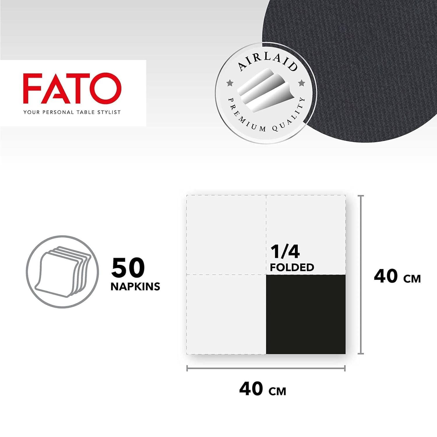 Fato - Trockene Papierservietten, Airlaid, Stoffeffekt, Packung mit 50 Servietten, Größe 40X40 in 4 gefaltet, Farbe Schwarz