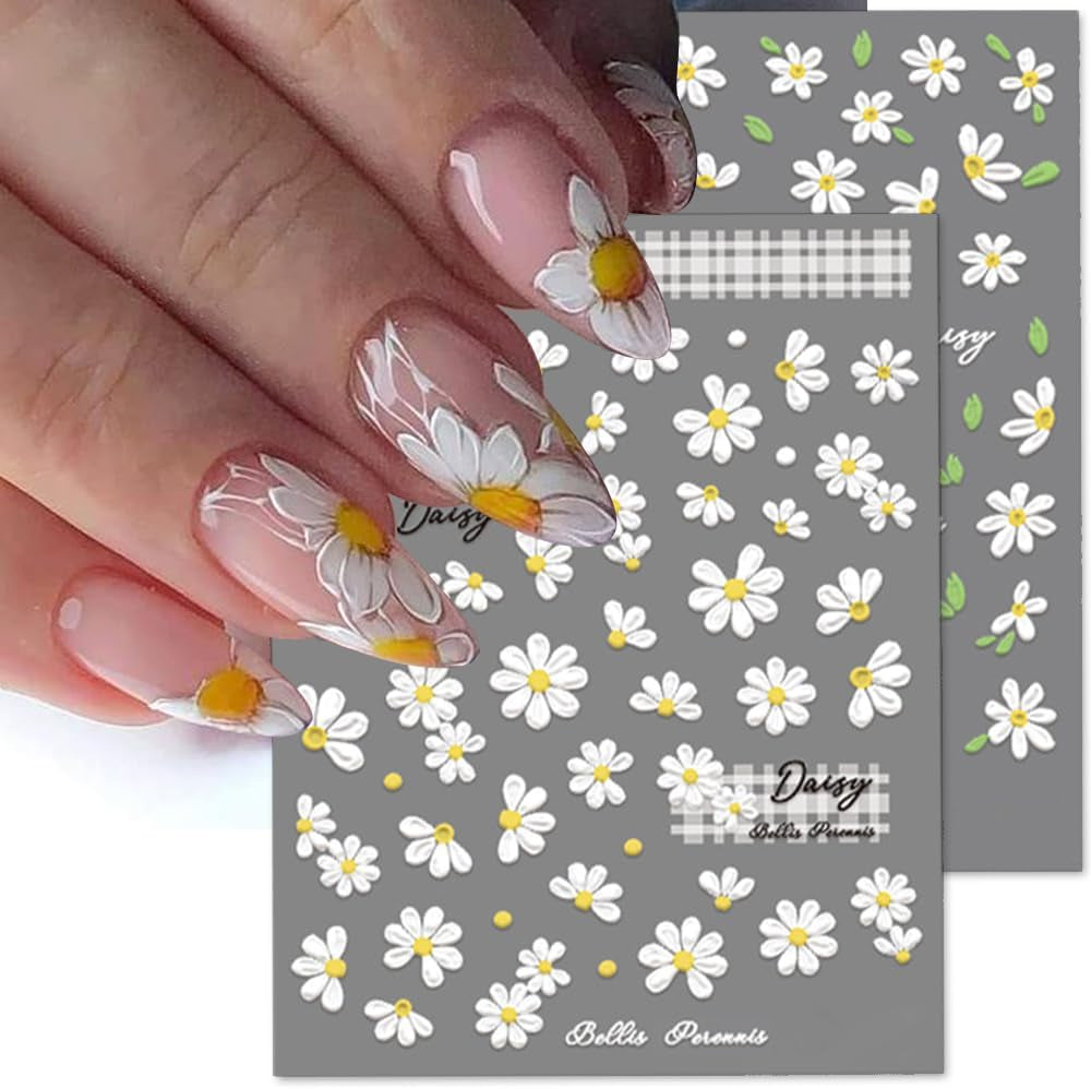5D geprägte weiße Gänseblümchen-Nagelaufkleber, Blumen, Nagelaufkleber, Blumen, Folie, selbstklebende Aufkleber, Nagelkunstaufkleber, Gänseblümchen, Nageldekorationszubehör, Blumendesign-Aufkleber, Nagelkunst