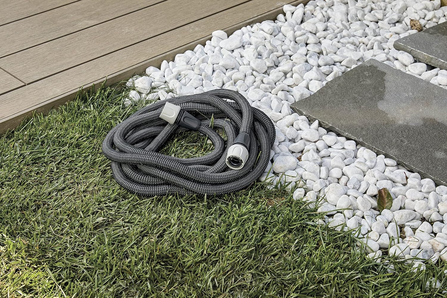 GF SRL, Aquapop Grey Easy 10, 10 Meter selbstverlängernder geflochtener Schlauch, hergestellt in Italien, mit Mini-Gartensprüher und Anschlüssen für die Gartenbewässerung, dunkelgrau