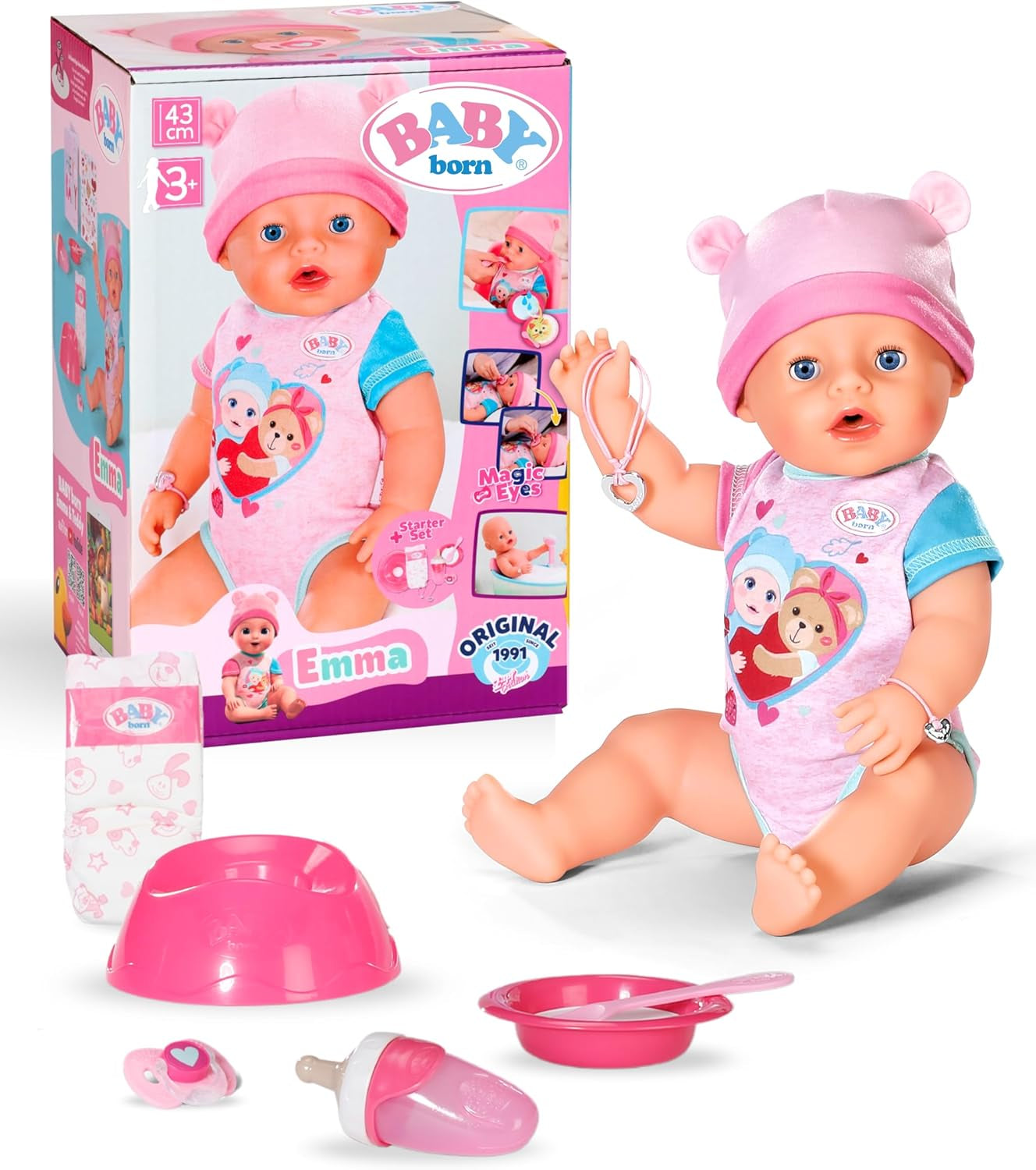 BABY Born Emma – Babypuppe 43 cm – 10 Funktionen inklusive Zubehör und Matratze – Funktioniert komplett ohne Batterien – Geeignet für Kinder ab 3 Jahren