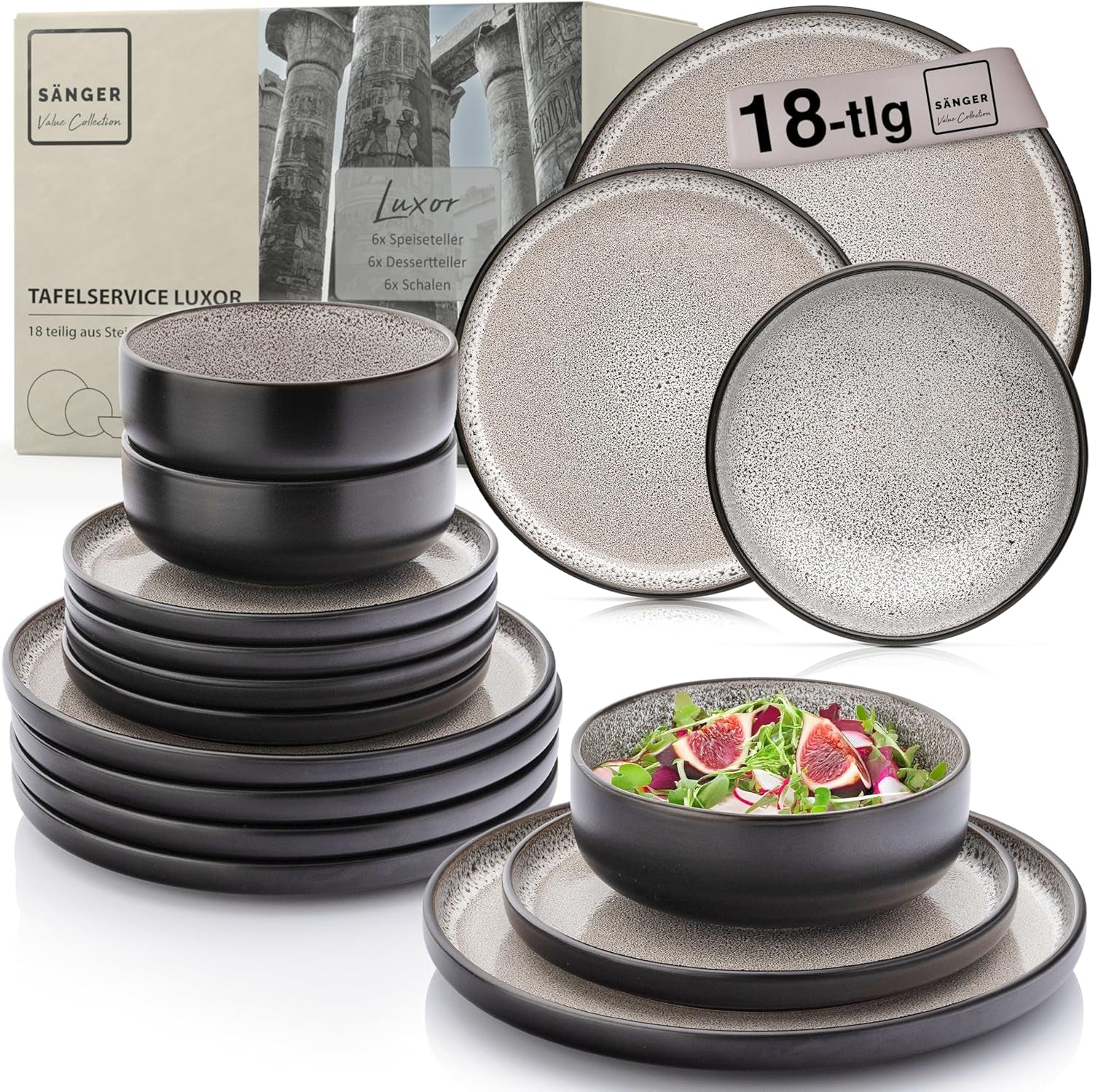 SÄNGER Luxor | Steingut-Geschirr-Set, 18-teilig, Teller-Set für 6 Personen, Geschirr-Set (6 Speiseteller, 6 Müslischalen, 6 Dessertteller), kratzfestes braun-beiges Geschirr | DIE VALUE-KOLLEKTION