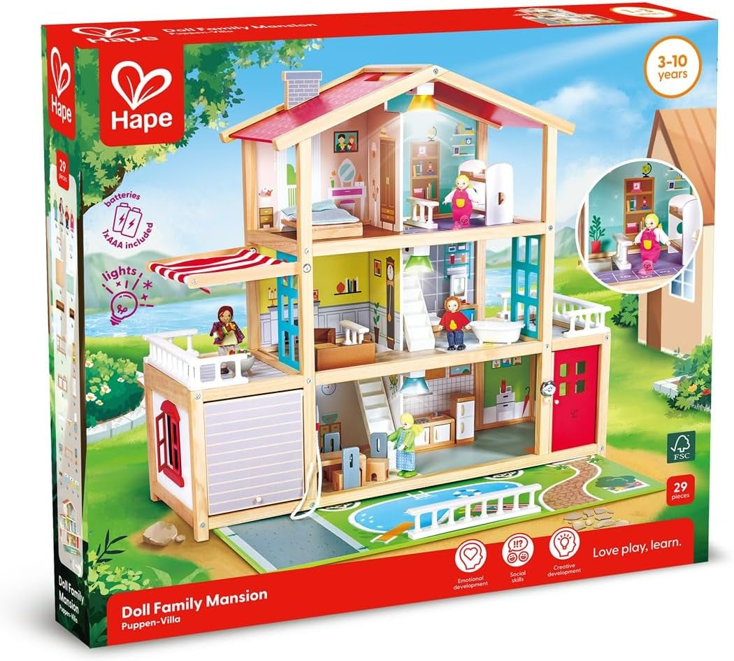 Hape Puppenvilla, 10-Zimmer-Puppenhaus aus Holz, kreatives Rollenspiel inklusive Möbel und Zubehör, Lernspielzeug für Kinder ab 3 Jahren