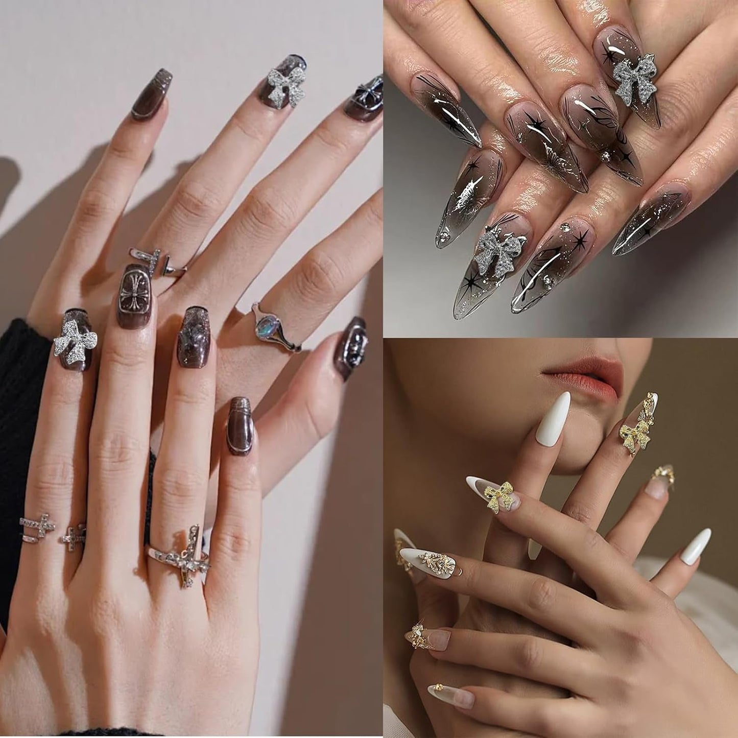 30 Stück Metall-Nagelschleifen, gold-silbergraue Schleifen, Nagelzubehör, Nageldekorationen für Frauen und Mädchen, Nagelkunst-Design