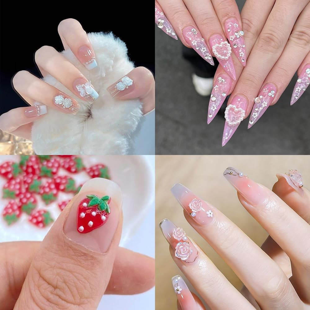 100 Stück 3D Nail Charms Rosa Rot Kirsche Erdbeere Blume Nagel Charms Kamelie Rose Schmetterling Nail Art Charms Flatback Herz Schleife Charms Nägel Zubehör Mond Stern Nagelschmuck Nageldesign Anhänger