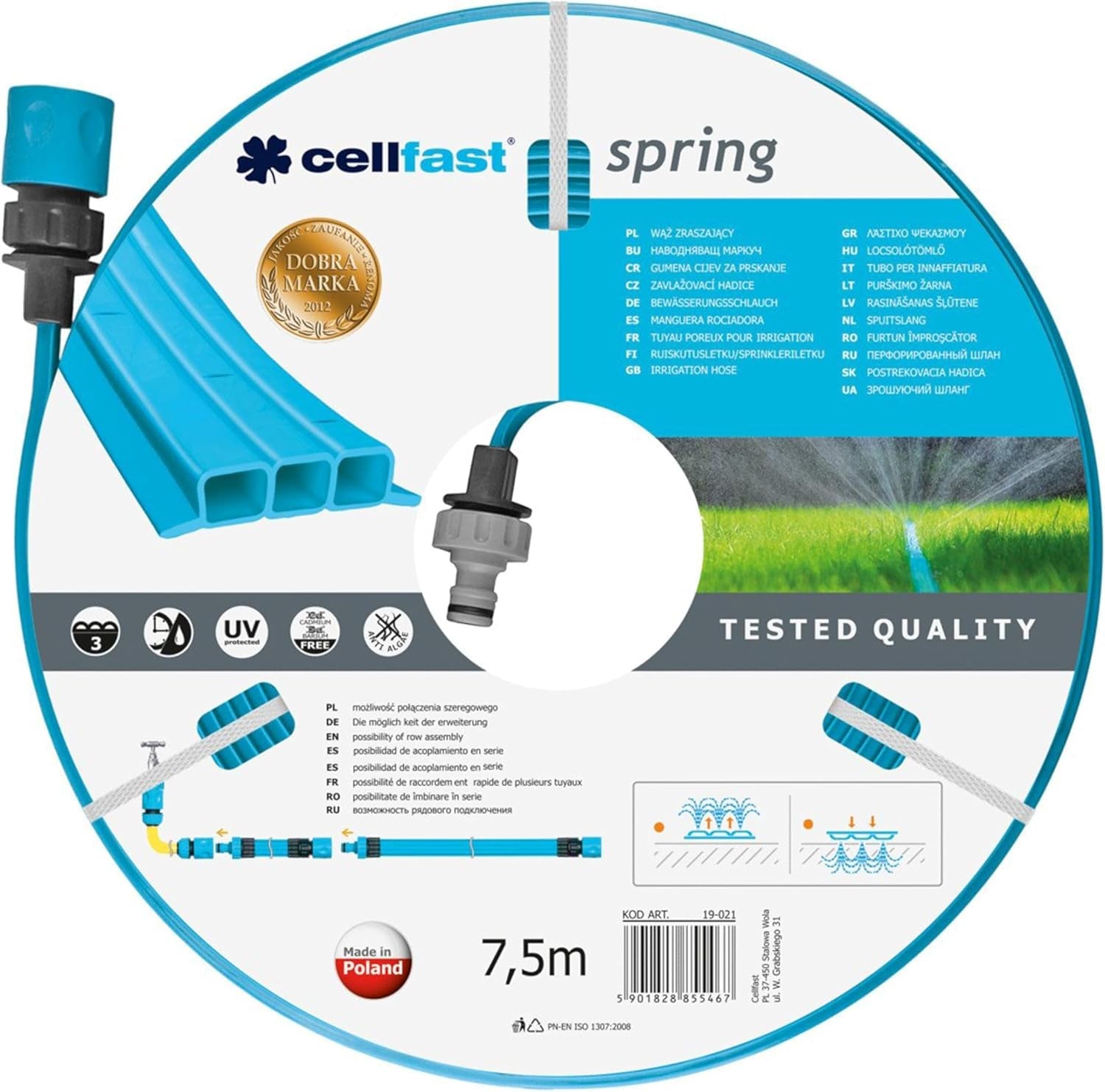 Cellfast SPRING Bewässerungsschlauch, Dreikanal-Bewässerungsschlauch mit vollständigen Anschlüssen, aus hochwertigem Draht, UV-beständig, 15 m, 1/2 Zoll, 19-022, mehrfarbig, 38 x 38 x 8 cm