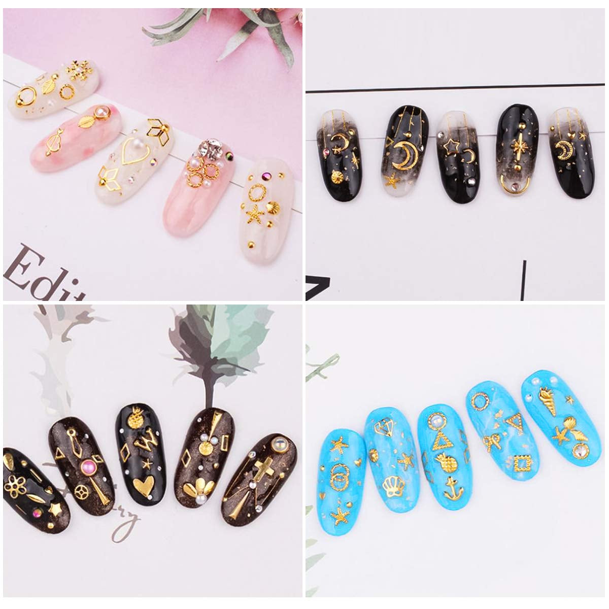 4 Boxen Nagel Art Strass, 3D Nagel Art Dekorationen, Mix Größe Nagel Perlen Glitter Strass Gold Metall Hohlniet Nagelkunst Stern Mond Sonne Nagel Zubehör Für DIY Nageldesign