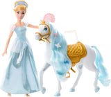 Bewegliche Mattel DISNEY Prinzessin Aschenputtel-Puppe mit glitzerndem Outfit, abnehmbaren Schuhen und Tiara, kämmbares Haar für Friseurspaß, ab 3 Jahren, HLW06 Naty Shop-Puppen gesattelt und bereit für den Ball