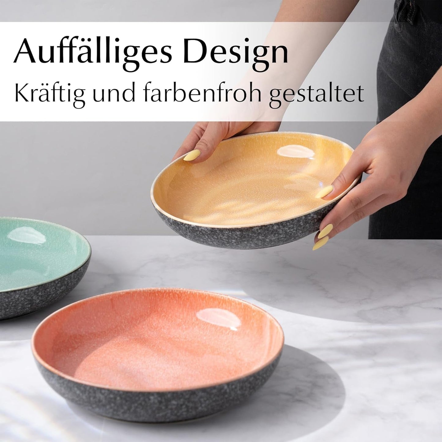 MIAMIO – Speiseteller, 6er-Set (850 ml) / große und tiefe Pastateller, Teller-Set für 6 Personen, Salatschüssel aus Keramik / spülmaschinen- und mikrowellengeeignet – Las Palmitas-Kollektion