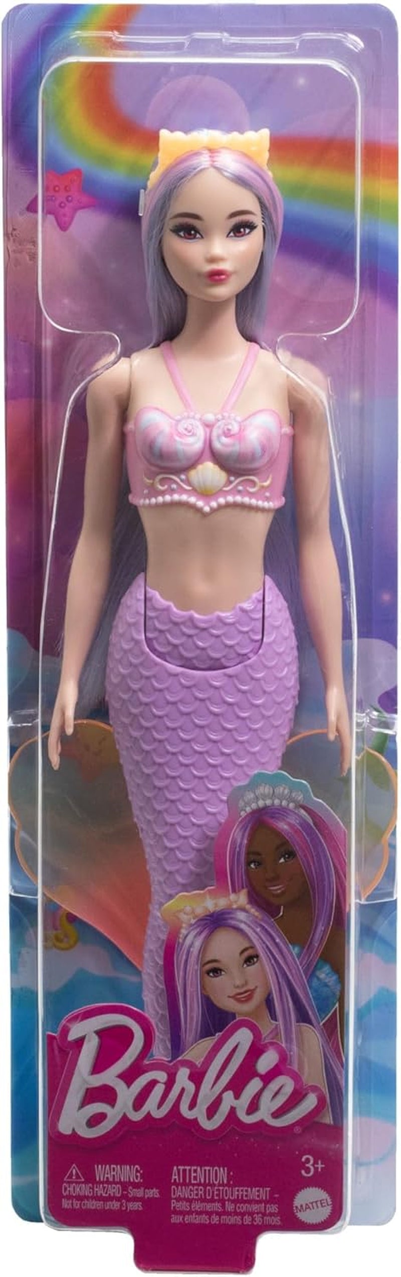 Barbie-Meerjungfrau-Puppe mit rosa und lilafarbenem Haar und Stirnband, Muscheloberteil und lavendelblauer Schwanzflosse, HRR06 Naty Shop-Puppen
