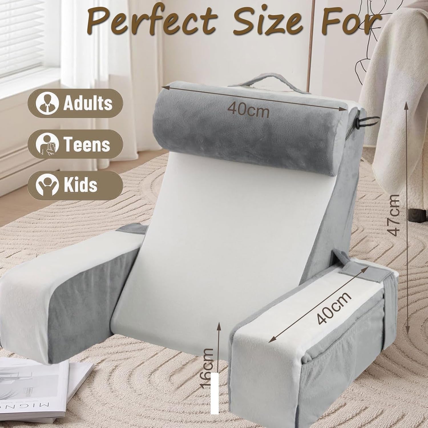 Großes Lesekissen für Bett und Sofa, Rückenkissen für Erwachsene mit Nackenstütze und Armlehnen, ergonomisches Rückenkissen mit Tasche und waschbarem Bezug zum Ausruhen, Lesen, Fernsehen (WH)