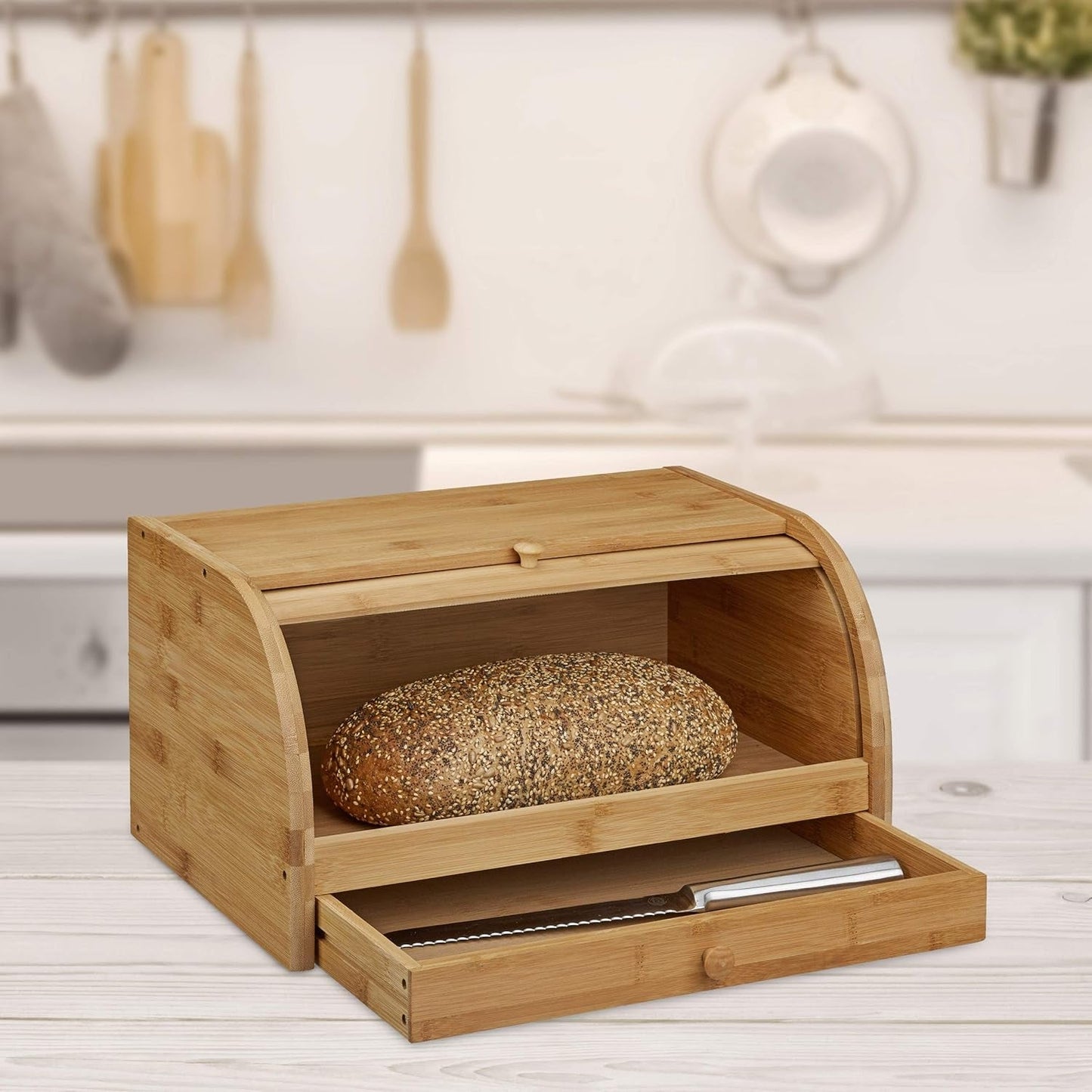 Relaxdays Rollbarer Brotkorb mit Schublade, Bambus, HxBxT: 21 x 40,5 x 28 cm, Holz, Natur & Bambus-Schneidebrett ca. 3 x 37 x 21,5 cm Schneidebrett mit Krümelschublade zur einfachen Reinigung natürliche Lebensmittelaufbewahrungsboxen Naty Shop