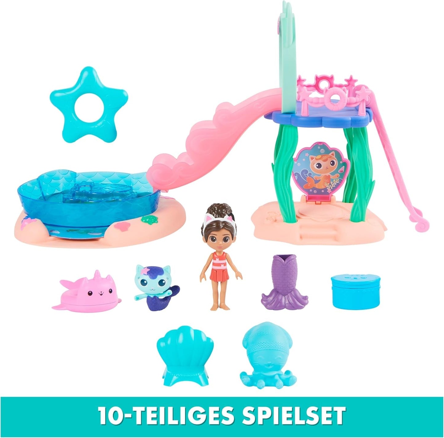 Gabby's Dollhouse, Purific Pool Party-Spielset mit Gabby- und Erdmännchen-Figuren und Deluxe-Zimmer, Cakey Baking, Cakey Kitchen