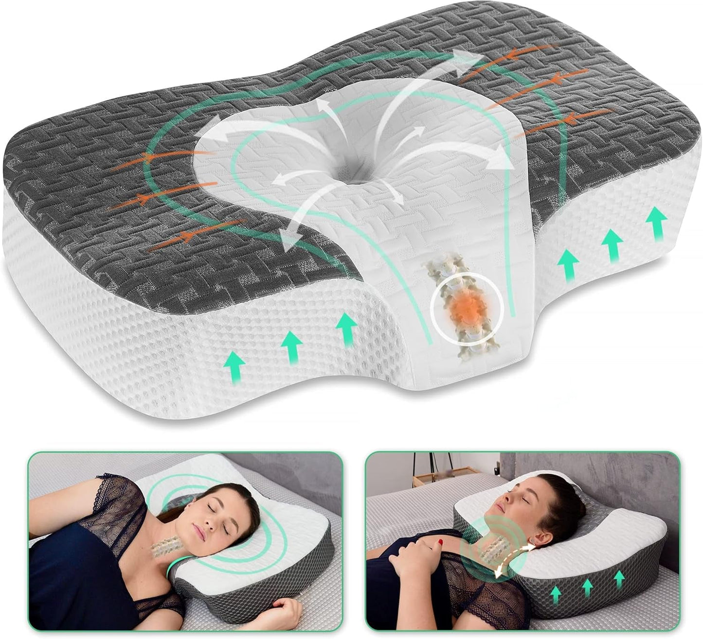 Orthopädisches Kissen aus Memory-Schaum Elviros, Nackenschmerzkissen, Schlafkissen, ergonomisches Nackenkissen, Nackenstützkissen, Anti-Schnarch-Kissen für Seitenschläfer, Bauchschläfer, weiß Naty Shop Orthopädische Nackenkissen dunkelgrau 60 x 38,6 x 9,9/13,5 cm