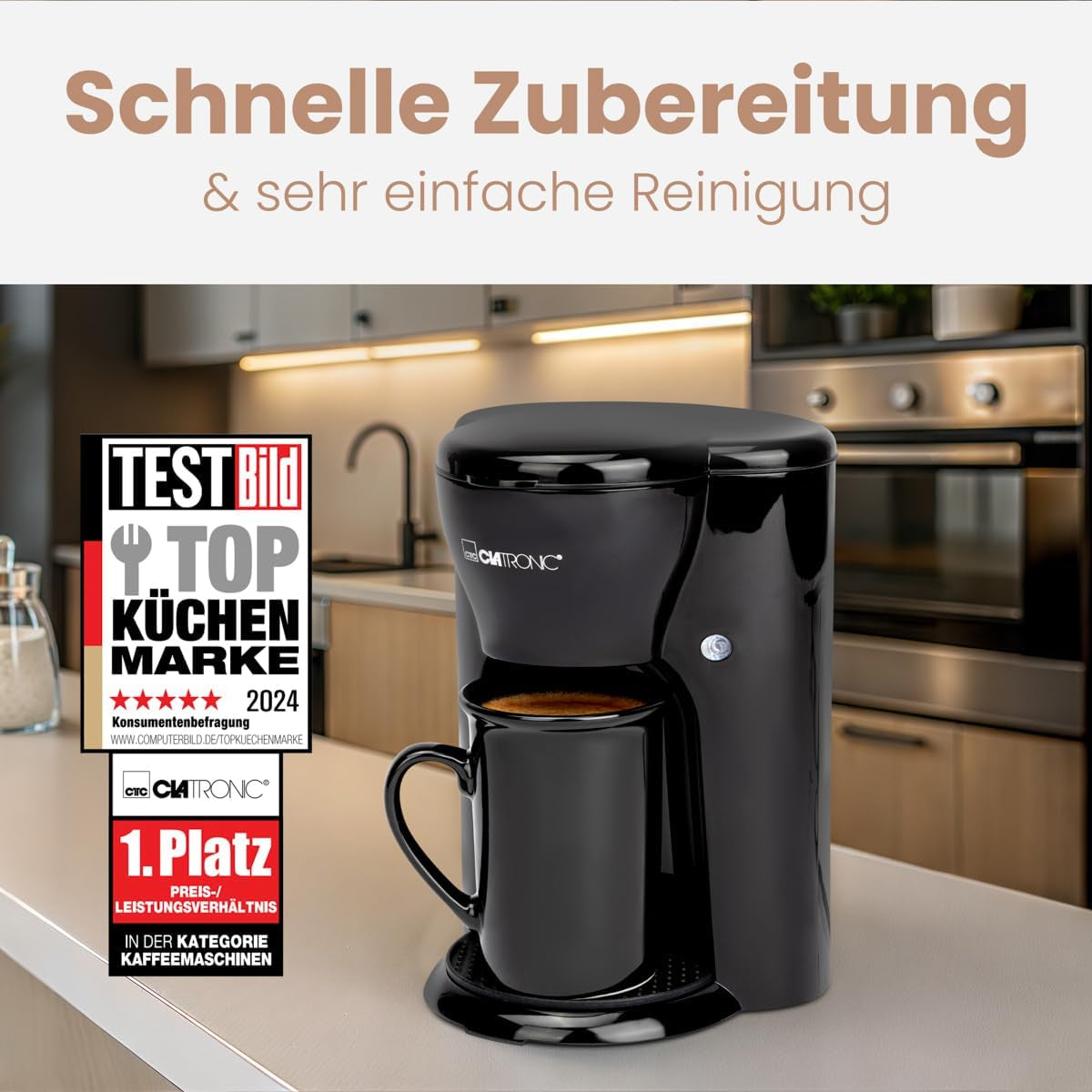 Clatronic® 1-Tassen-Kaffeemaschine | Perfekte Espressomaschine für Singles | Espressomaschine mit Filter, inklusive Keramiktasse | Kleine Espressomaschine mit Filter, ideal für unterwegs | KA 3356