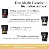 Probierset Espressobohnen 4 x 350g Espressobohnen | Entdeckungspaket/Probepaket | Robusta und Arabica | Ideal für Vollautomaten und Siebträger | KÖNIGLICHER BARISTA