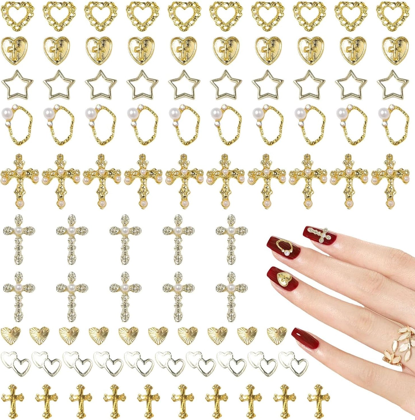 Gold Nagel Charms 80 Stück Kreuz Rose Herz Jungfrau Maria Nagel Edelsteine ​​Metalllegierung Nagelzubehör für Maniküre Design Dekorationen DIY Handwerk
