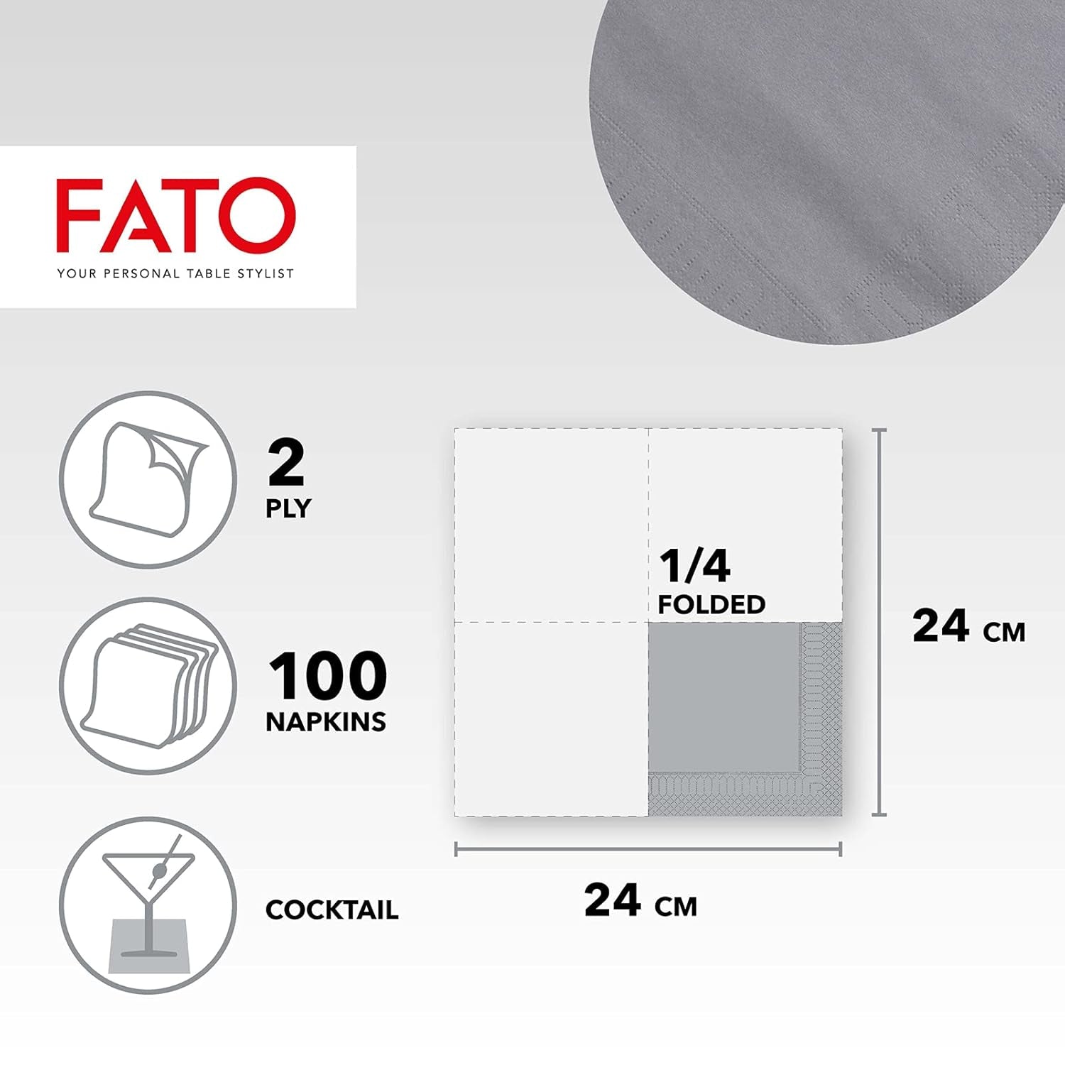 - Einweg-Papierservietten, ideal für Vorspeisen und Cocktails, Packung mit 100 Servietten, Größe 24 x 24, 4-fach gefaltet, 2 Schichten, graue Farbe, 100 % reines Zellulosepapier, FSC-Zertifikat
