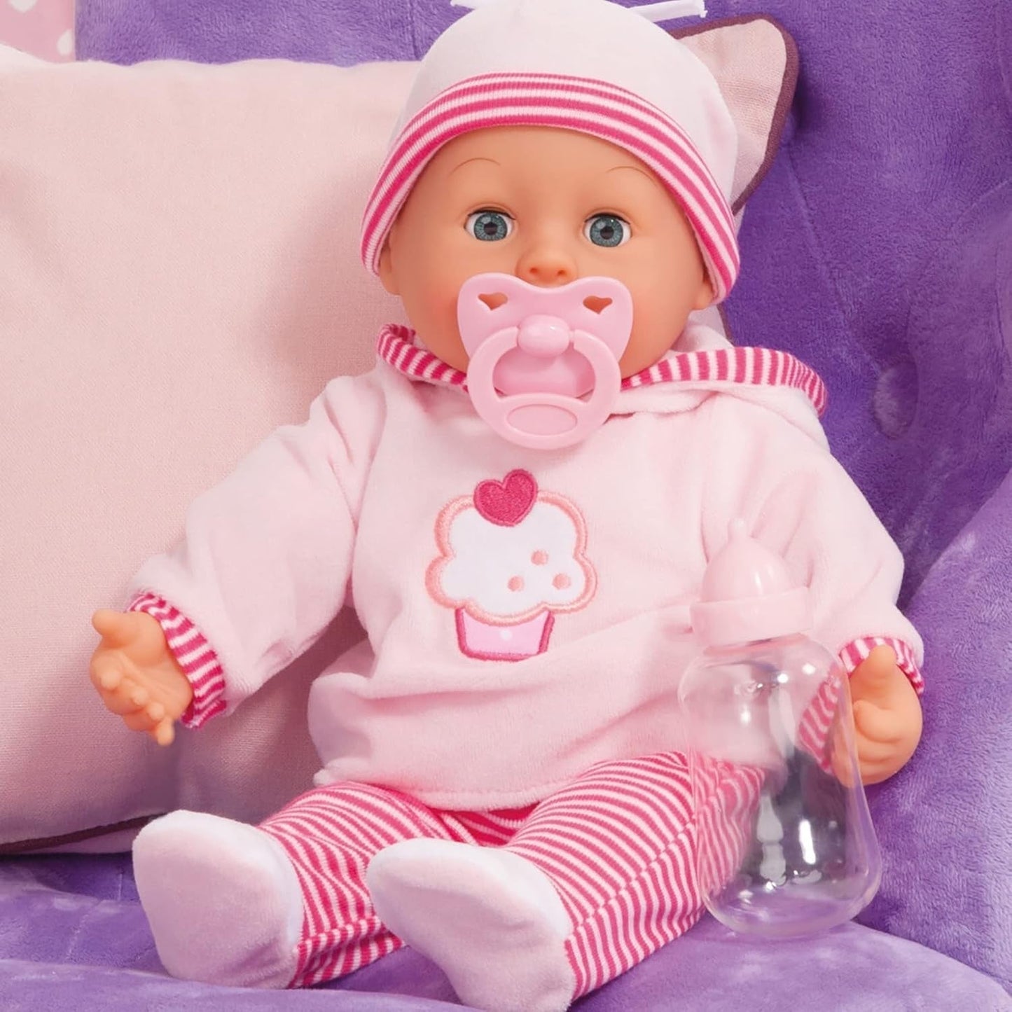 First Words Puppe mit Schlafaugen, spricht 24 Babygeräusche, mit Puppe und Flasche, 38 cm, rosa/gestreift Naty Shop Dolls