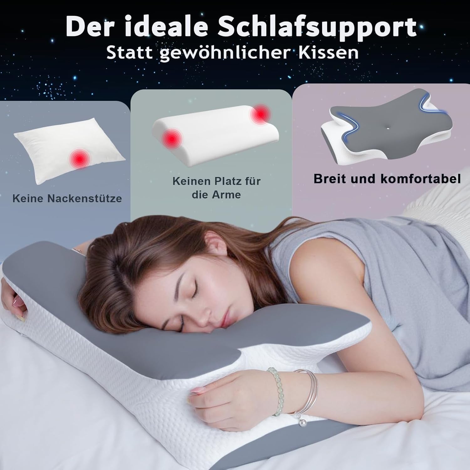 Memory-Schaum-Kissen, Nackenkissen, orthopädisches Kissen – ergonomisches Design, hohle Form für Seiten-, Rücken- und Bauchschläfer. Graue orthopädische Nackenkissen von Naty Shop