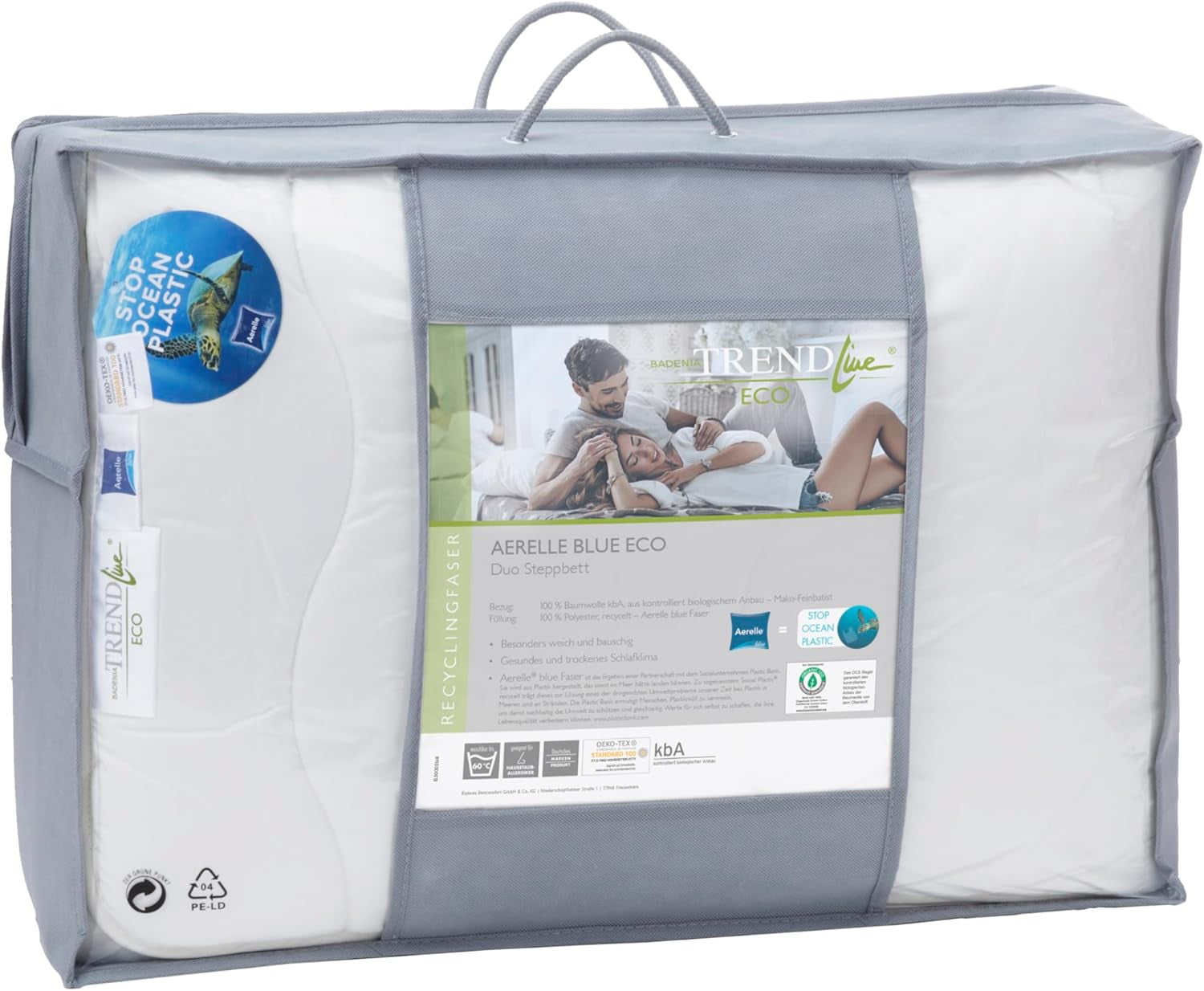 Badenia Trendline Öko-Steppdecke Aerelle Blue Duo 135 x 200 cm, weiß, Öko-Tex-zertifiziert, hergestellt nach dem deutschen Qualitätsstandard Bettdecken und Steppdecken Naty Shop