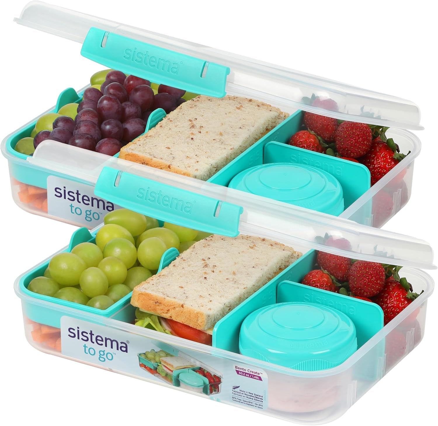 Bento Box TO GO Lunchbox-System mit Fächern | 1,25 L Lunchbox mit Joghurt-/Obstbehälter | für Kinder und Erwachsene l | BPA-frei Minty Teal [21685-8T], mintgrün Frischhaltedosen Naty Shop Minty Teal 2 X 1,48 LITER