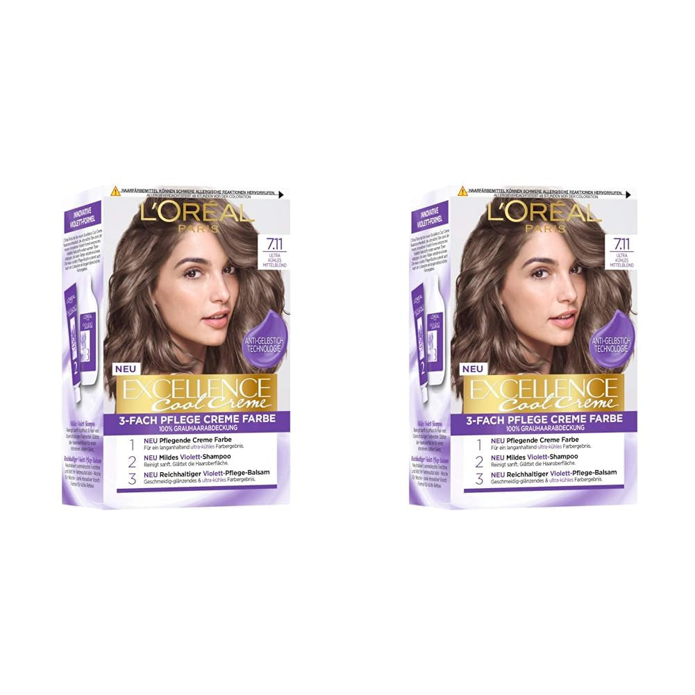 L'Oréal Paris Permanente Haarfarbe mit ultrakühlem Farbergebnis, 100 % Abdeckung grauer Haare, Set mit Coloration, Shampoo und Pflegecreme, Excellence Cool Creme, Nr. 7.11 Ultra Cool Medium Blonde (Blond) Naty Shop Haarfarbe Standardtitel