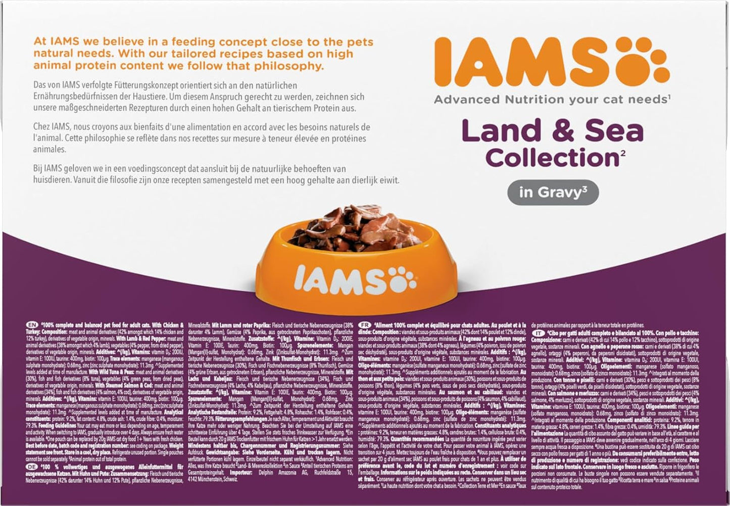 IAMS Delights Land & Sea Collection Nassfutter für Katzen – Fleisch- und Fischsortiment, Multipack in Soße, Nassfutter für Katzen ab 1 Jahr, 12 x 85 g