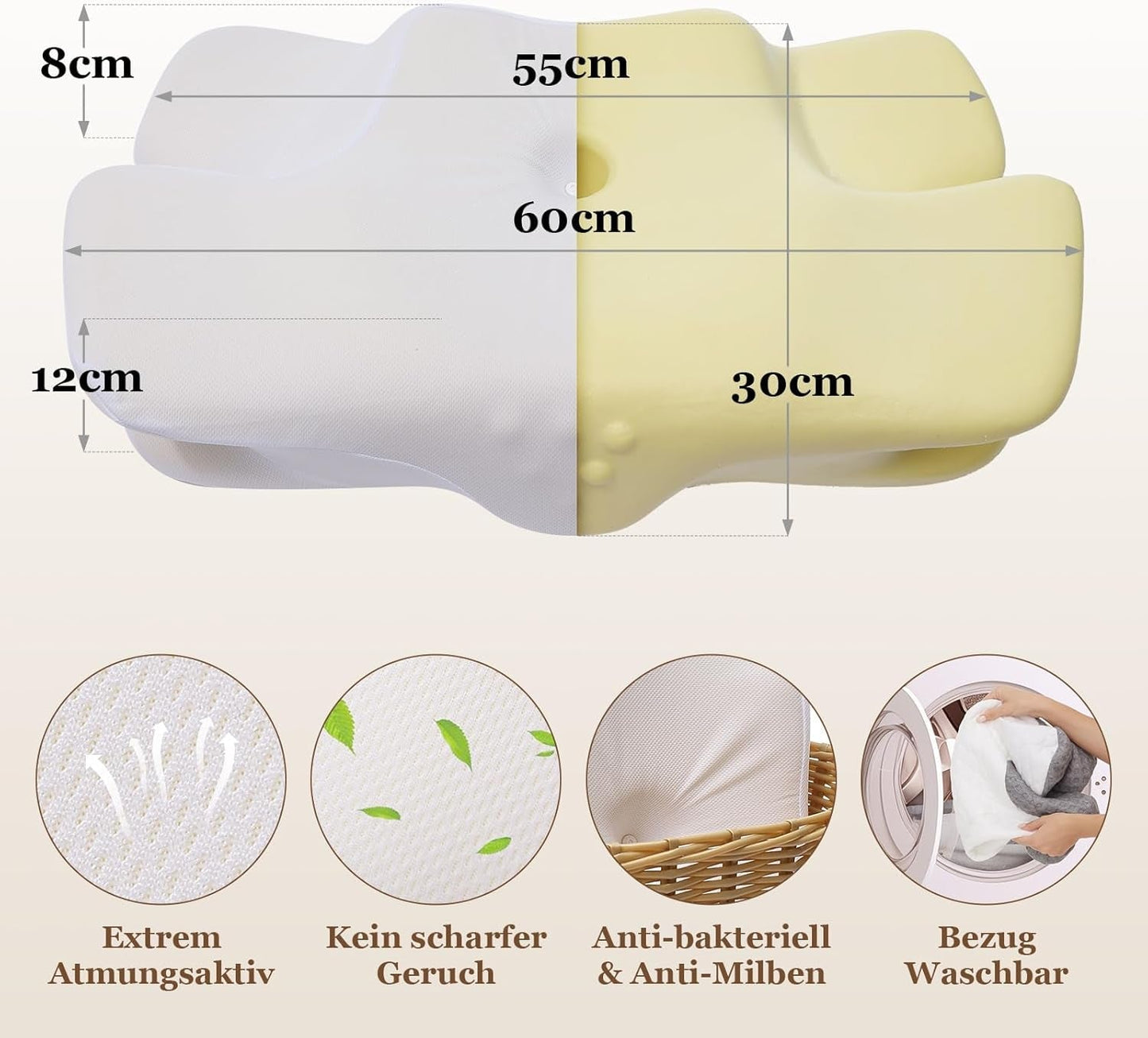 Wellsync Nackenkissen, ergonomisches Kissen, Memory-Schaum-Kissen, orthopädisches Kissen für Seitenschläfer, Rückenschläfer, Bauchschläfer, Nackenschmerzen, weiß, grau, orthopädische Nackenkissen, Naty Shop