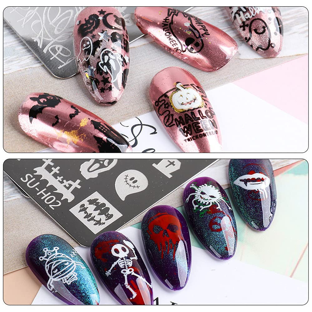 JMEOWIO Nail Stamping Schablonen Halloween 6 Stück Nagelstempel Schablonen Nail Art Dekoration Nageldesign Zubehör Böse Gruselige Kürbis-Geisterhexe