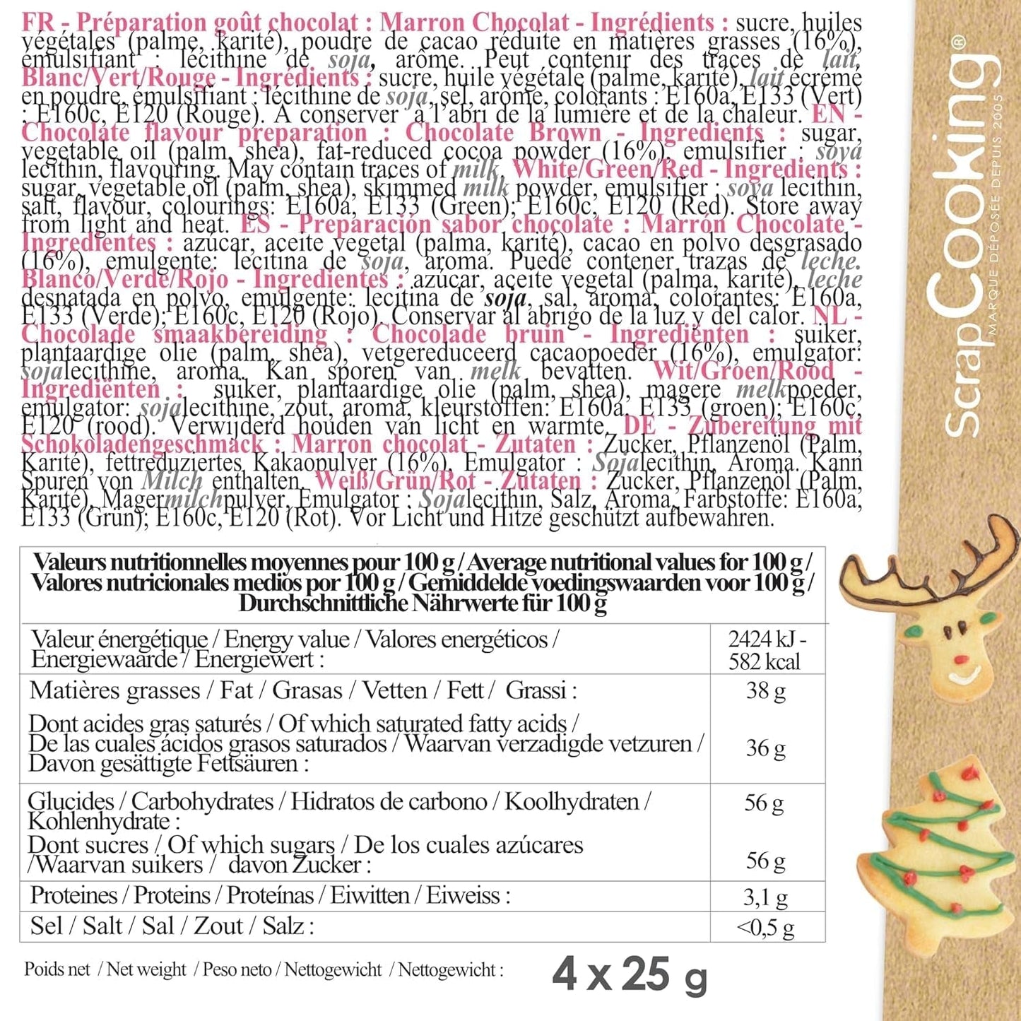 Scrapcooking – Set mit 4 weihnachtlichen Schokoladen-Buntstiften – Braun, Weiß, Grün und Rot – Essbare Farbe – Lebensmittelfarbe zum Schreiben – Schreiben und Zeichnen auf Desserts, Kuchen und Keksen – 7060