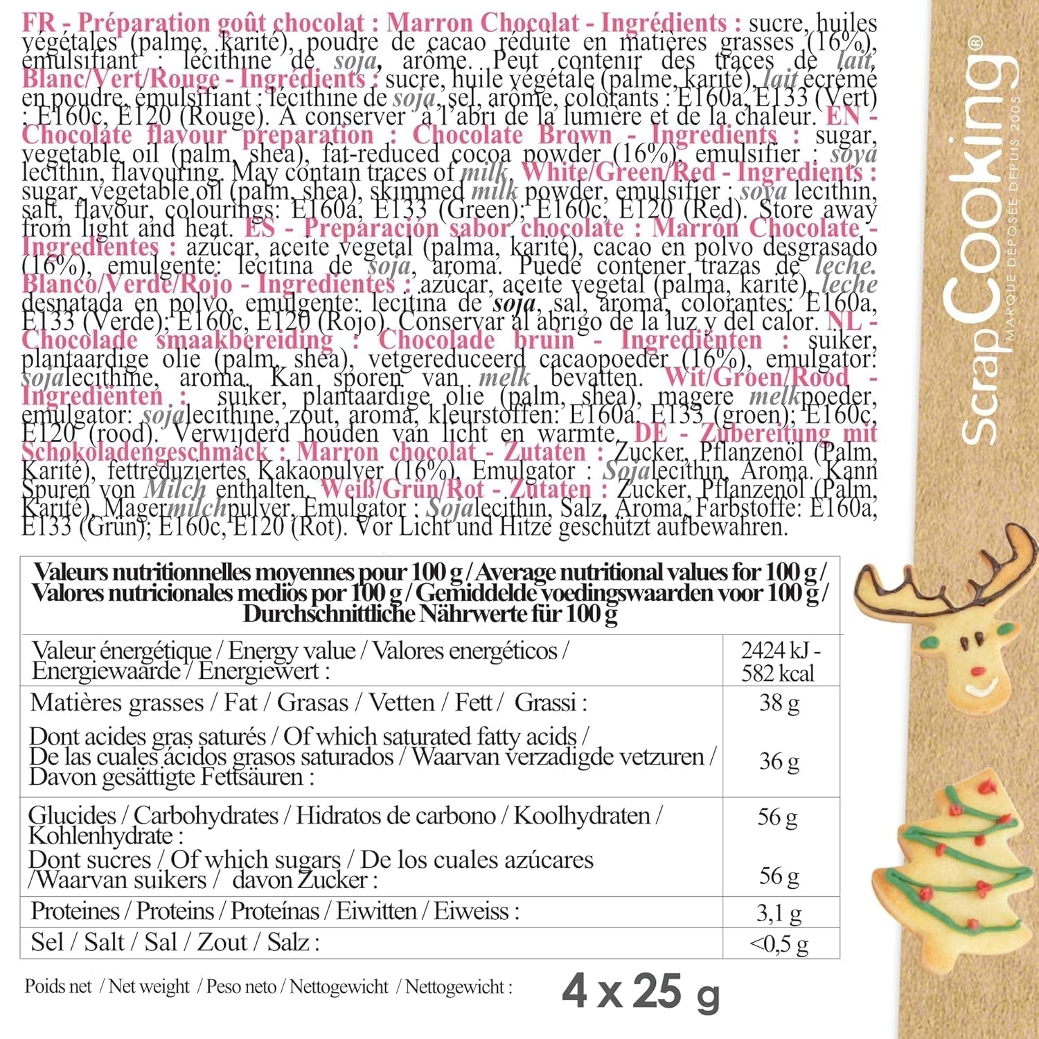 Scrapcooking – Set mit 4 weihnachtlichen Schokoladen-Buntstiften – Braun, Weiß, Grün und Rot – Essbare Farbe – Lebensmittelfarbe zum Schreiben – Schreiben und Zeichnen auf Desserts, Kuchen und Keksen – 7060