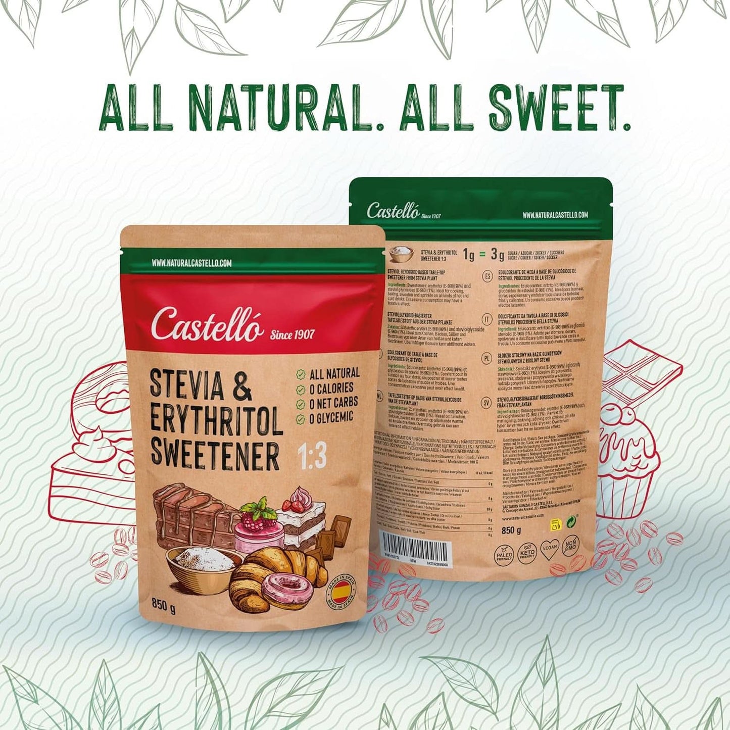 Stevia + Erythritol 1:3 Süßstoff, 1G = 3G Zucker, 850 Gramm Süßstoffe Naty Shop