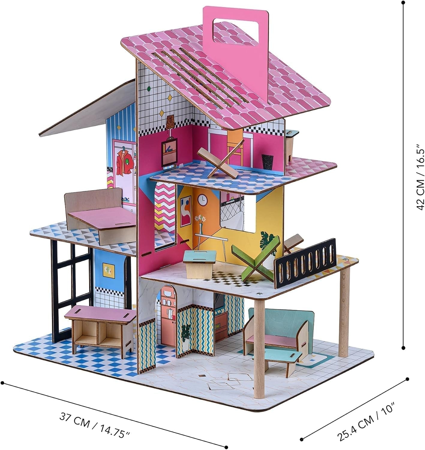 Olivia'S Little World 360 Puppenhaus aus Holz für Kinder, 8,9 cm große Puppen und 12 Zubehörteile, mehrfarbig, TD-13260C, Puppenhäuser, Naty Shop