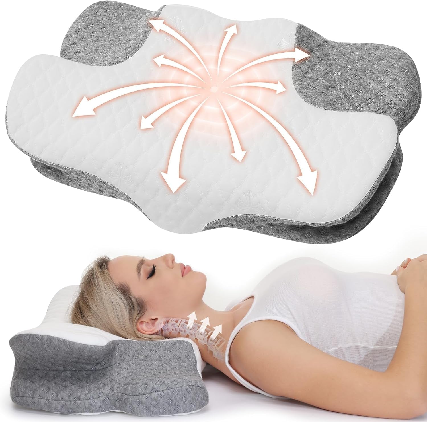 Wellsync Nackenkissen, ergonomisches Kissen, Memory-Schaum-Kissen, orthopädisches Kissen für Seitenschläfer, Rückenschläfer, Bauchschläfer, Nackenschmerzen, weiß, grau, orthopädische Nackenkissen, Naty Shop-Standardtitel