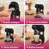 Bosch Tassimo Happy Friendly TAS107E Kapsel-Espressomaschine, 70+ Getränke, für alle Tassen geeignet, Auto-Stop, nachhaltig, perfekte Dosierung, platzsparend, 1400 W, Creme/Schwarz