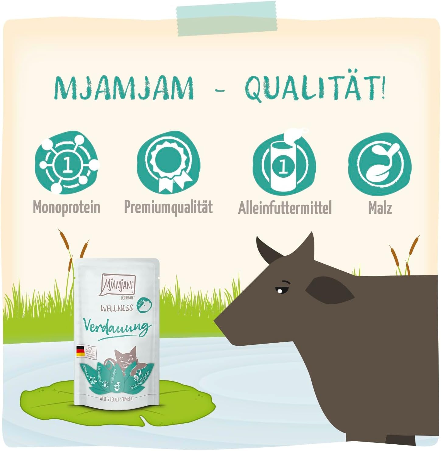 MjAMjAM – Premium-Nassfutter für Katzen – Wellness – Verdauungsfördernd – Rind, 12er-Pack (12 x 125 g), getreidefrei