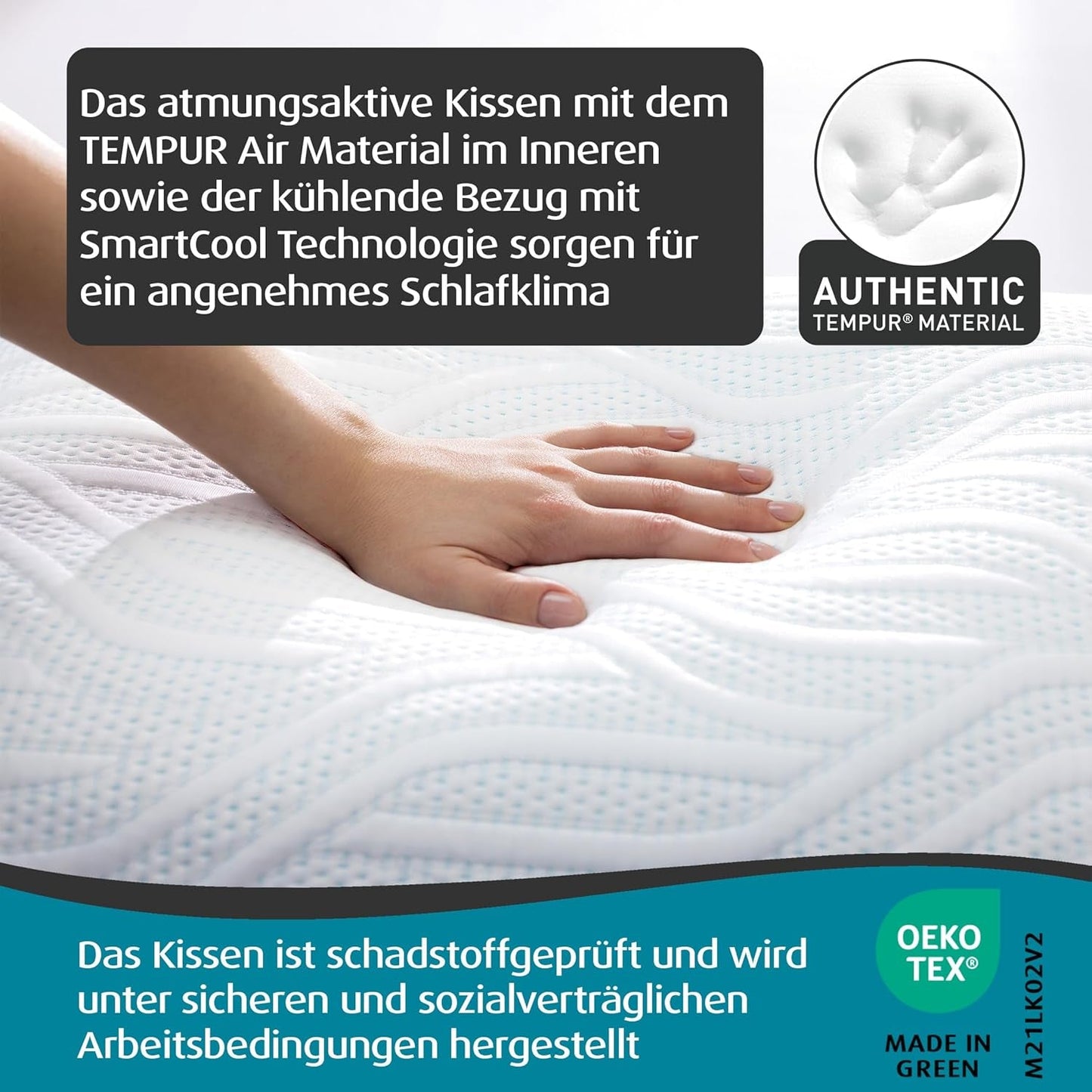TEMPUR Comfort Air Medium Schlafkissen, Atmungsaktives Kissen für jede Schlafposition, OEKO-TEX MADE in GRÜN, mittlere Festigkeit, 40 x 80 cm Naty Shop Standardkissen