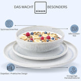 SANGER | 12-teiliges Santorini-Geschirrset, 4-Personen-Tellerset, SEHR GUT bewertetes Steinzeug-Geschirrset, einschließlich Speisetellern, Desserttellern und Suma-Tellern, Farbverlauf Creme-Flieder-Blau | DIE PREMIUM-KOLLEKTION