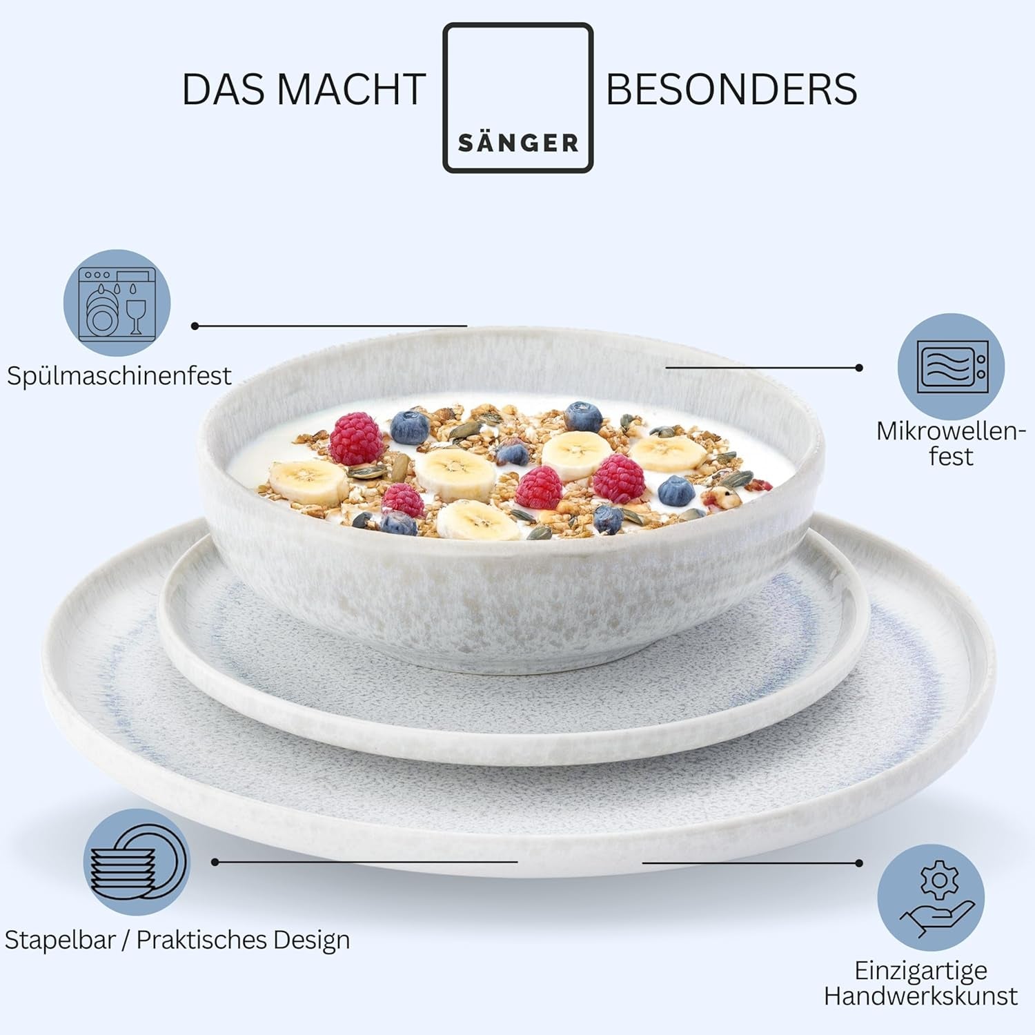 SANGER | 12-teiliges Santorini-Geschirrset, 4-Personen-Tellerset, SEHR GUT bewertetes Steinzeug-Geschirrset, einschließlich Speisetellern, Desserttellern und Suma-Tellern, Farbverlauf Creme-Flieder-Blau | DIE PREMIUM-KOLLEKTION