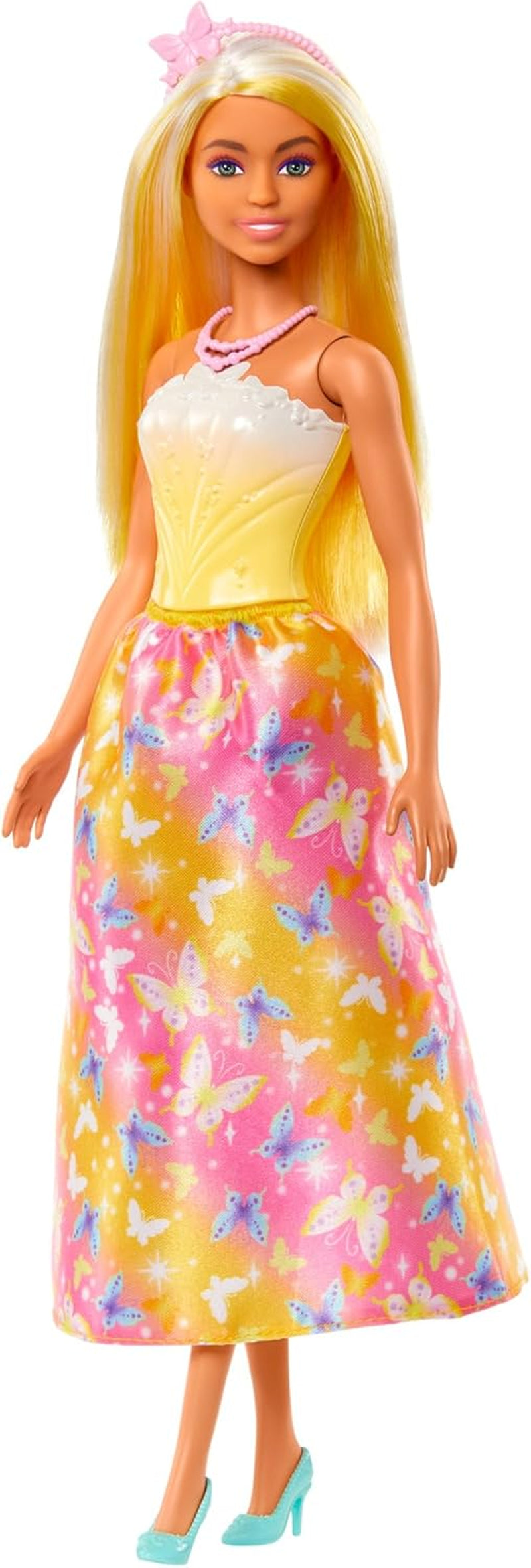 Königliche Barbie-Puppe mit ausgefallenem Haar mit bunten Strähnen, bunten Accessoires, gelbem Oberteil mit Farbverlauf und Schmetterlingsrock, HRR09 Naty Shop Dolls