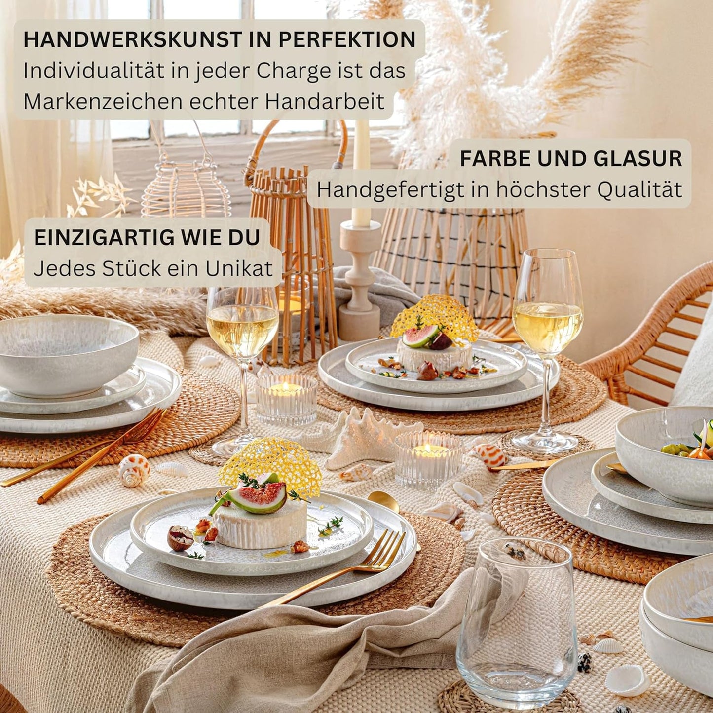 SANGER | 24-teiliges Korfu-Geschirrset Tafelservice für 8 Personen Handgefertigtes Keramik-Geschirrset inklusive Speisetellern, Desserttellern und Suma-Tellern. Cremefarbenes Geschirr mit sandiger Textur