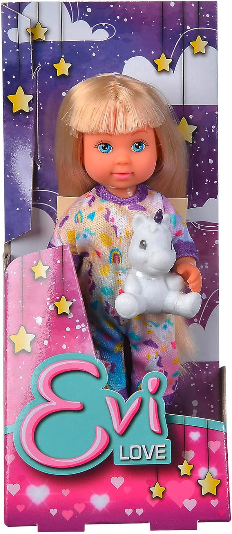 Simba Evi Love Pyjamas, 3 verschiedene Farben, nur ein Artikel wird versendet, Puppe im süßen Pyjama mit Einhorn-Plüschtier, Spielpuppe 12 cm, ab 3 Jahren